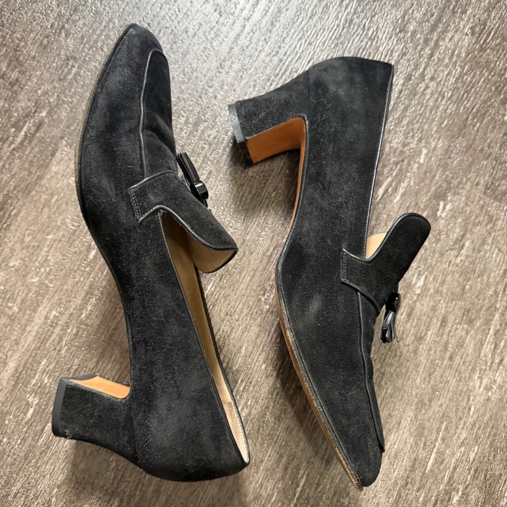 Salvatore Ferragamo Loafer Pump Women 9 Black Suede Tassel Square Toe Block Heel - Picture 5 of 8